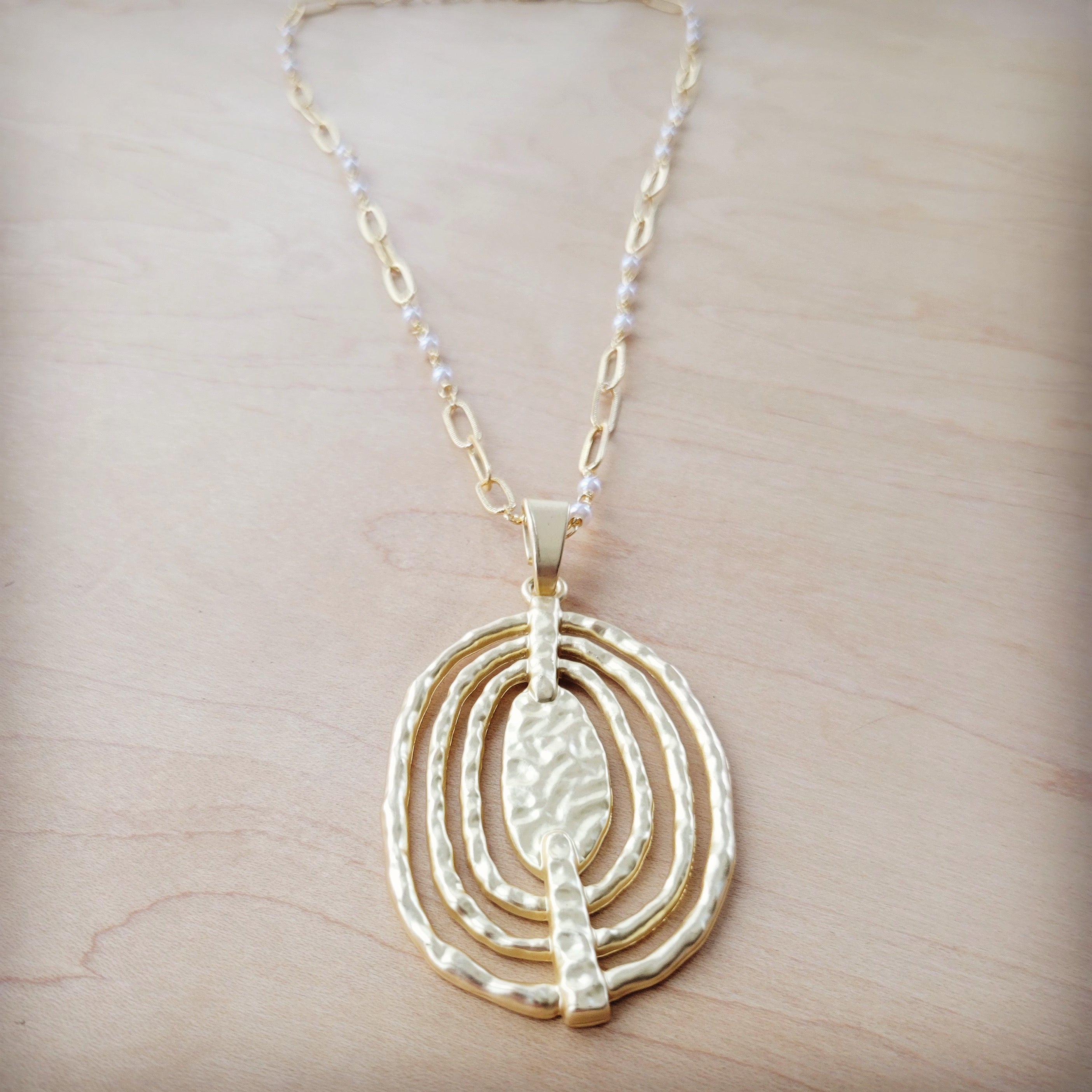 Gold Multi-Oval Pendant on Pearl and Gold Chain Necklace