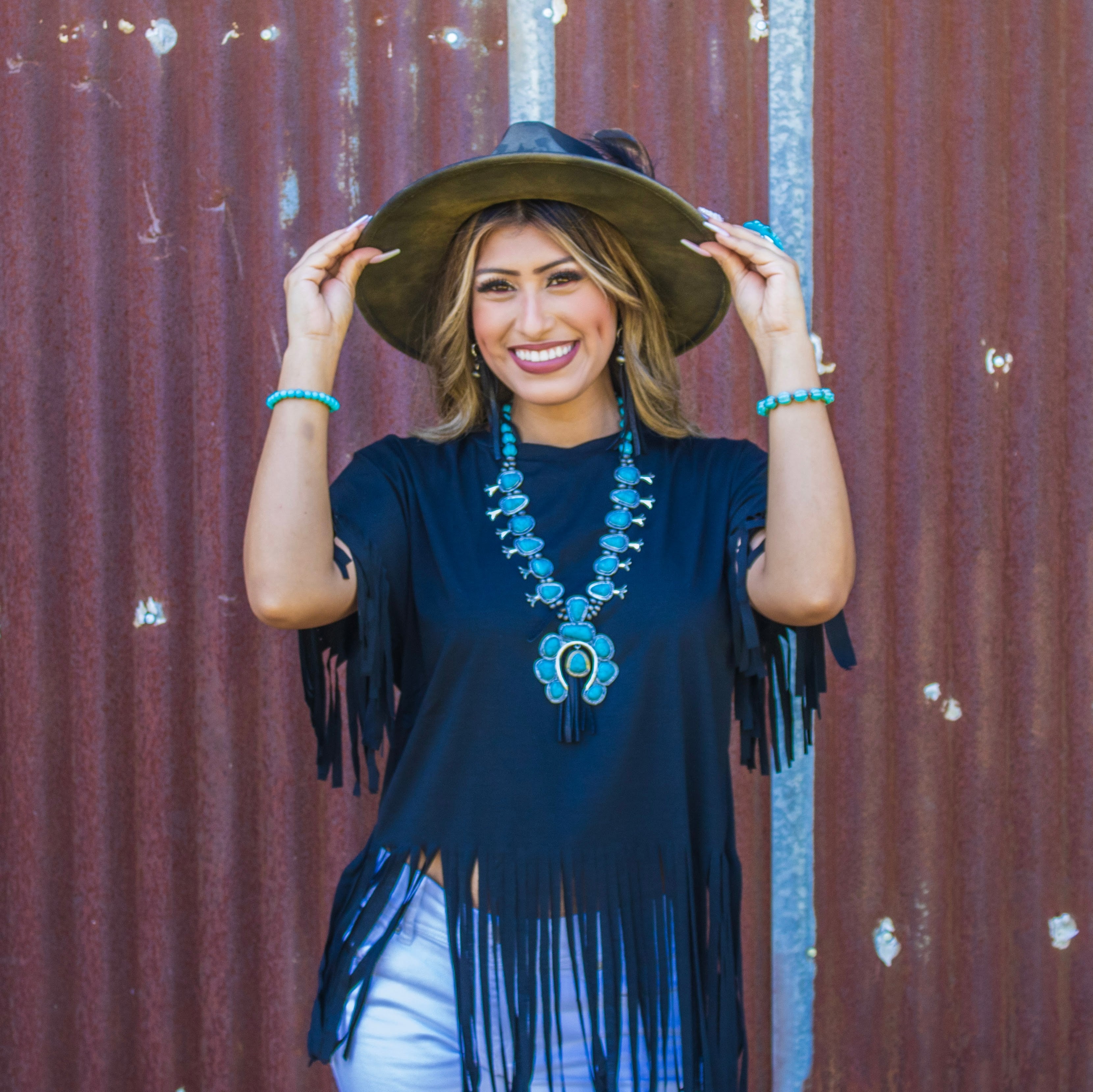 Turquoise Squash Blossom Necklace w/ Short Black Tassel