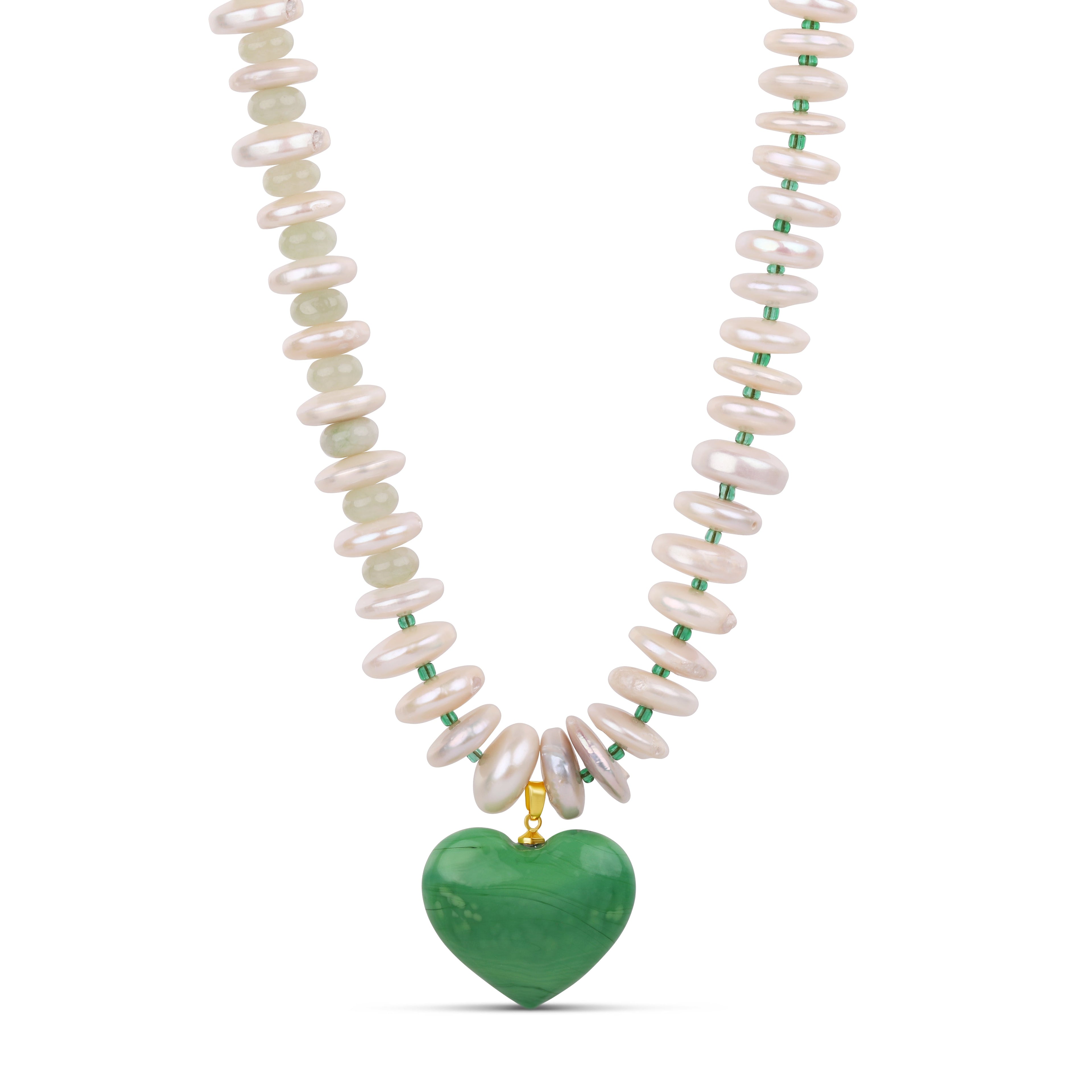 Green Heart Pendant Necklace - Fresh Water Pearl & Murano Glass