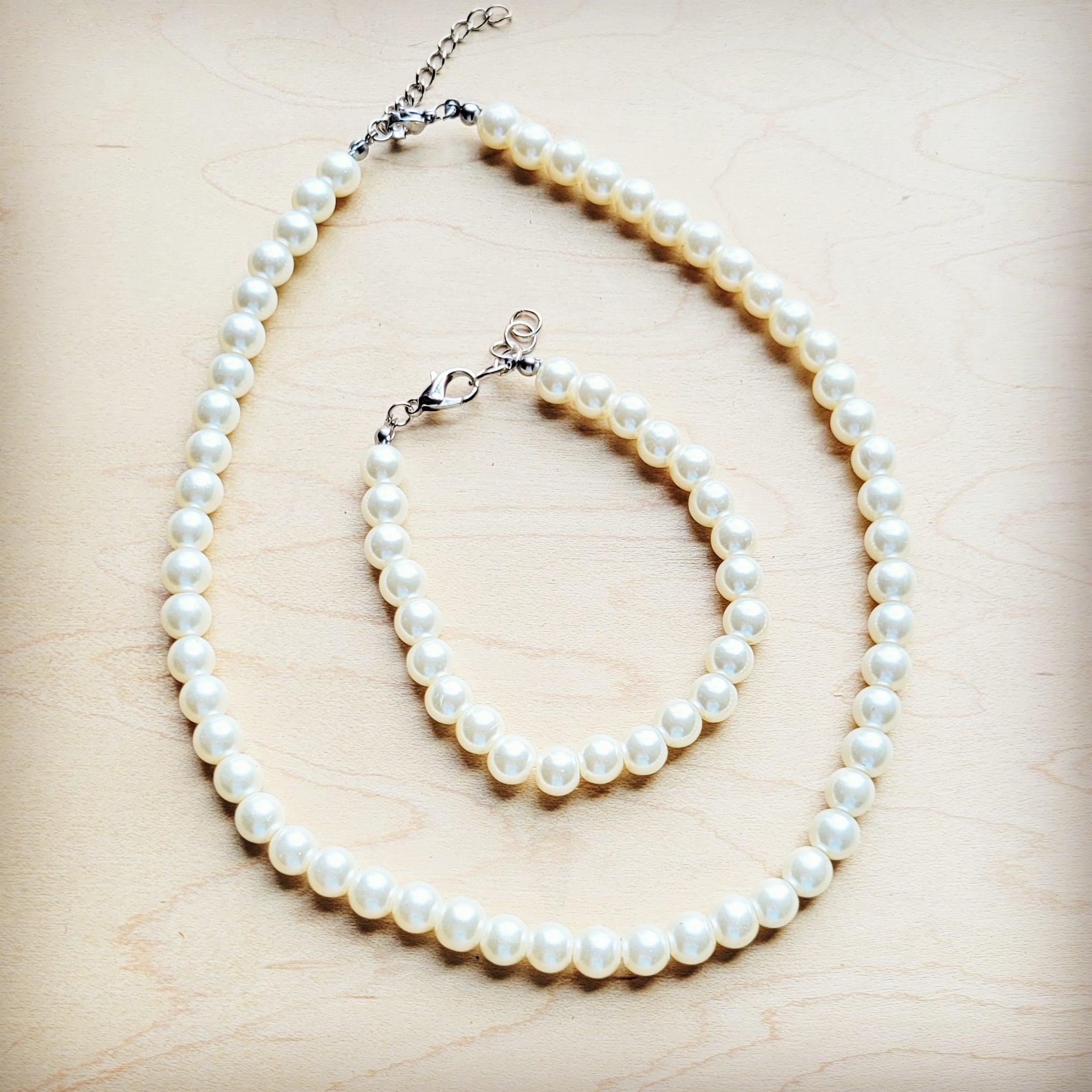 Glass Pearl Necklace & Bracelet Set Wedding Collection