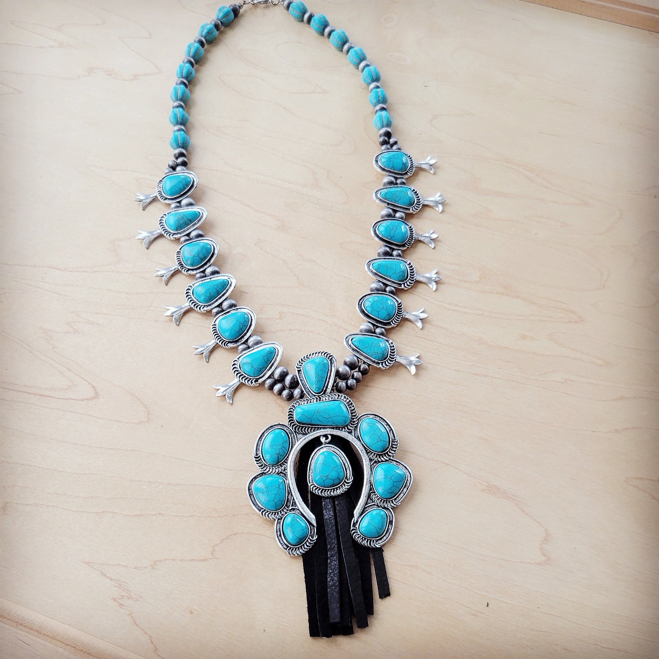 Turquoise Squash Blossom Necklace w/ Short Black Tassel