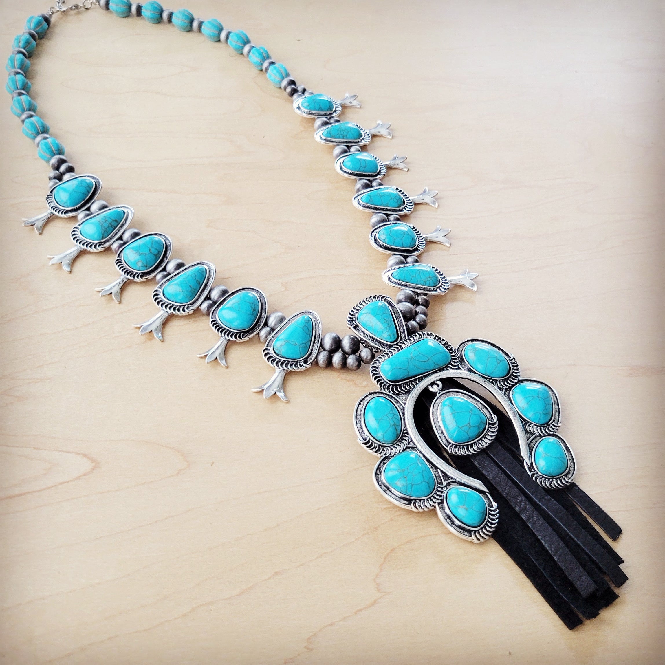 Turquoise Squash Blossom Necklace w/ Short Black Tassel