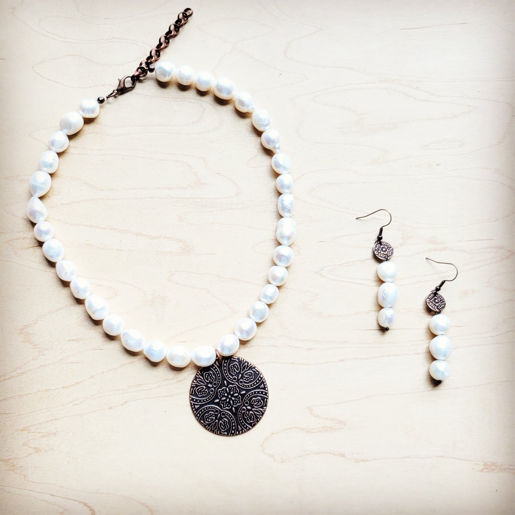 Freshwater Pearl Collar Necklace w/ Copper Scroll Pendant