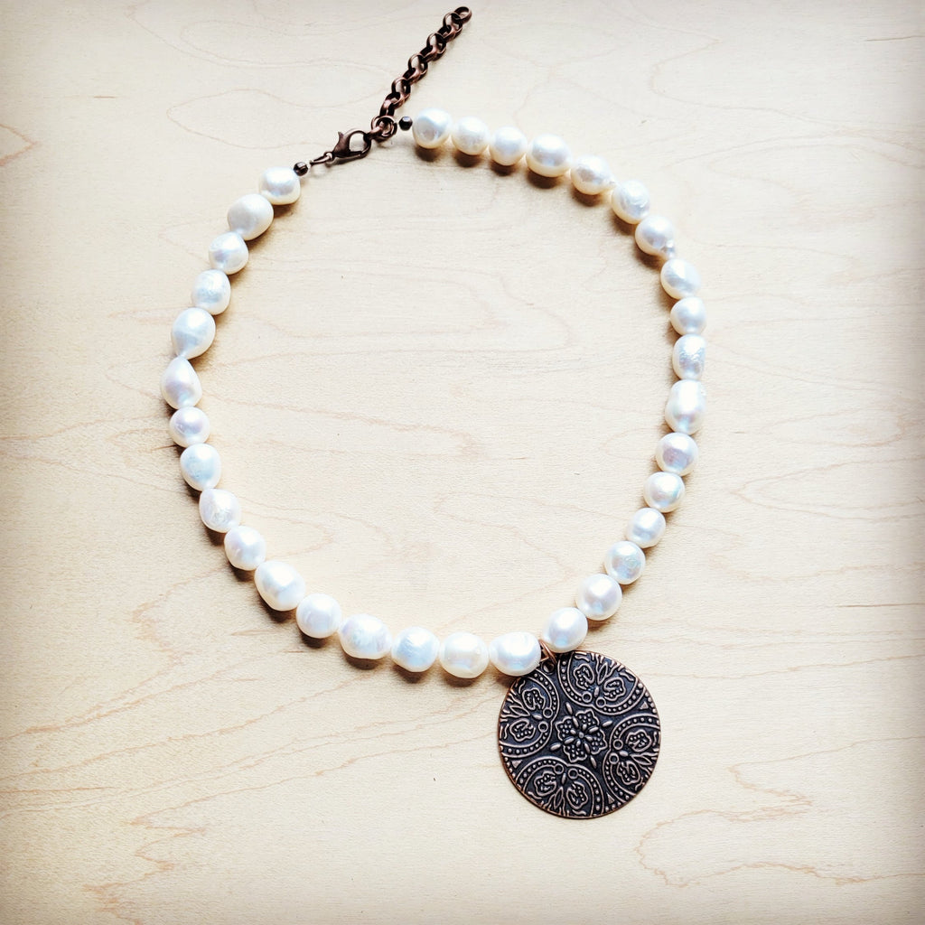 Freshwater Pearl Collar Necklace w/ Copper Scroll Pendant