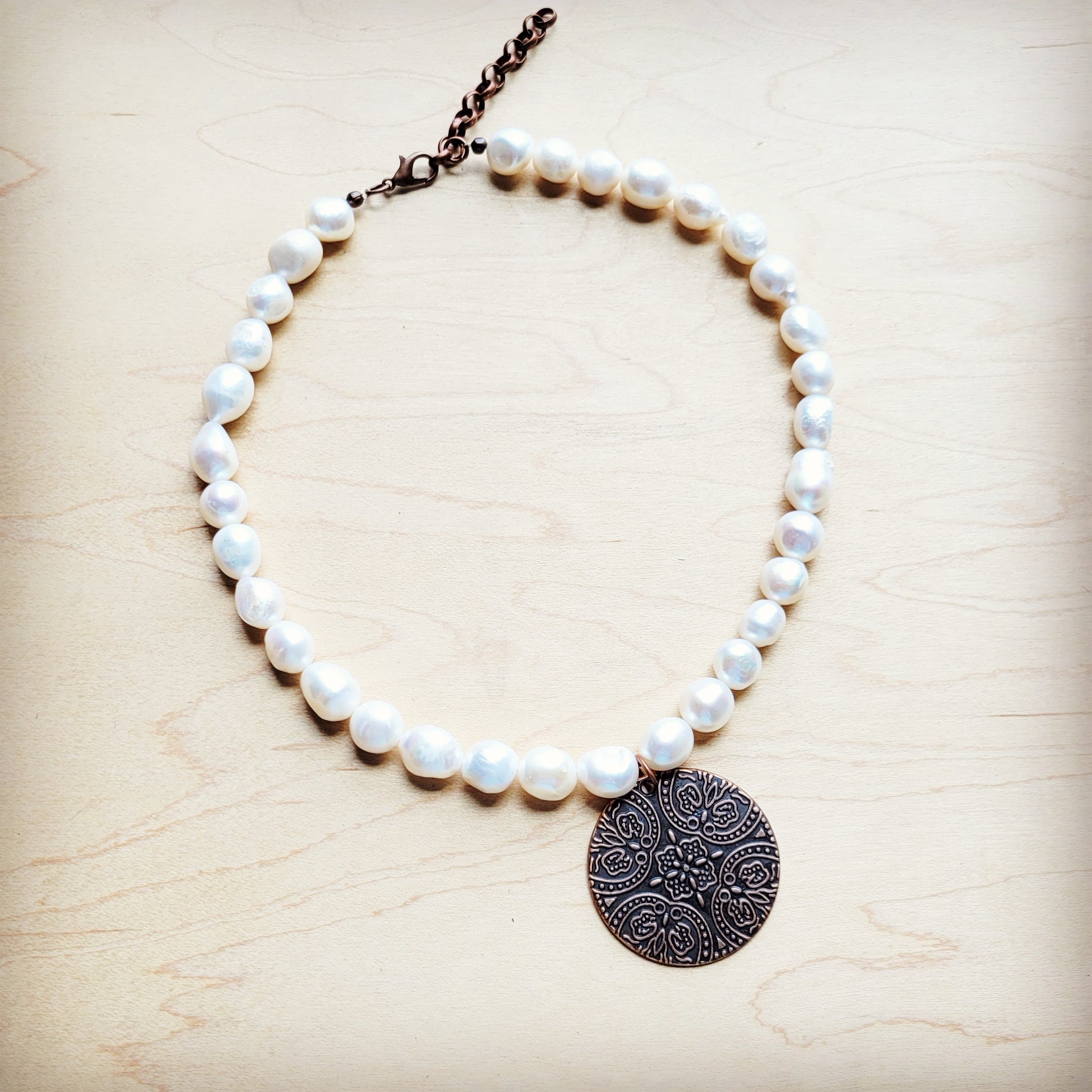 Freshwater Pearl Collar Necklace w/ Copper Scroll Pendant