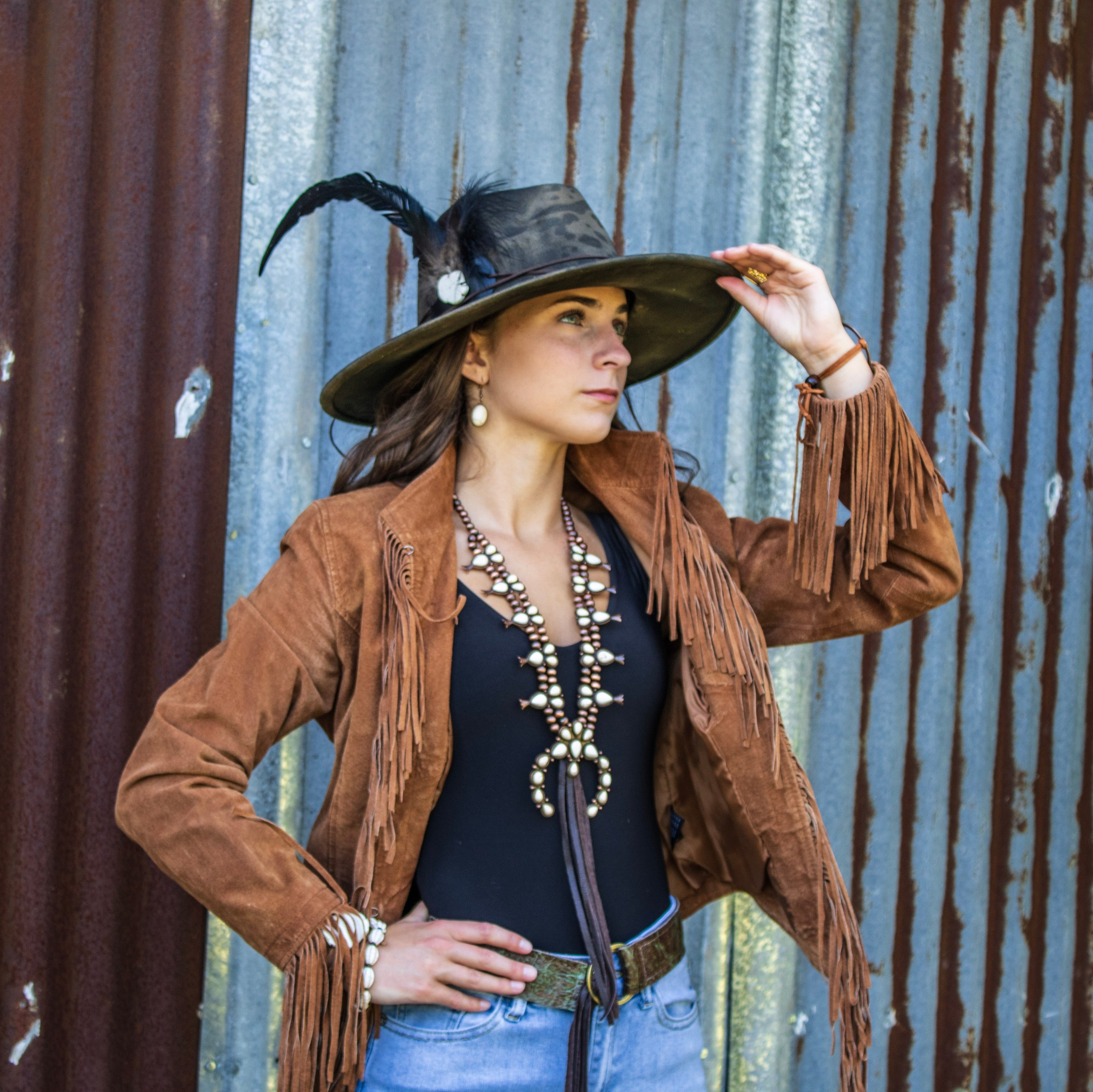 White Turquoise Squash Blossom Necklace w/ Dark Brown Tassel