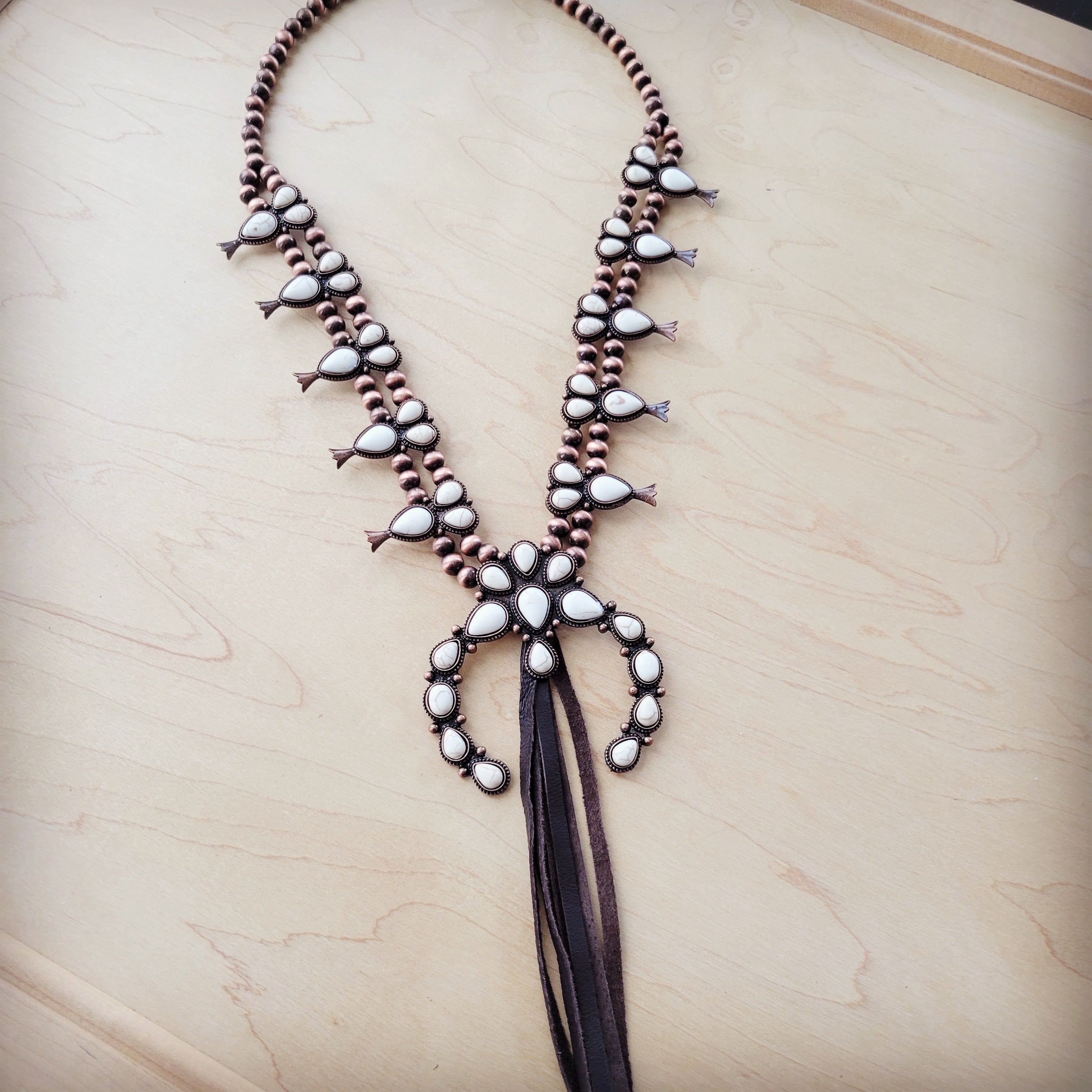 White Turquoise Squash Blossom Necklace w/ Dark Brown Tassel
