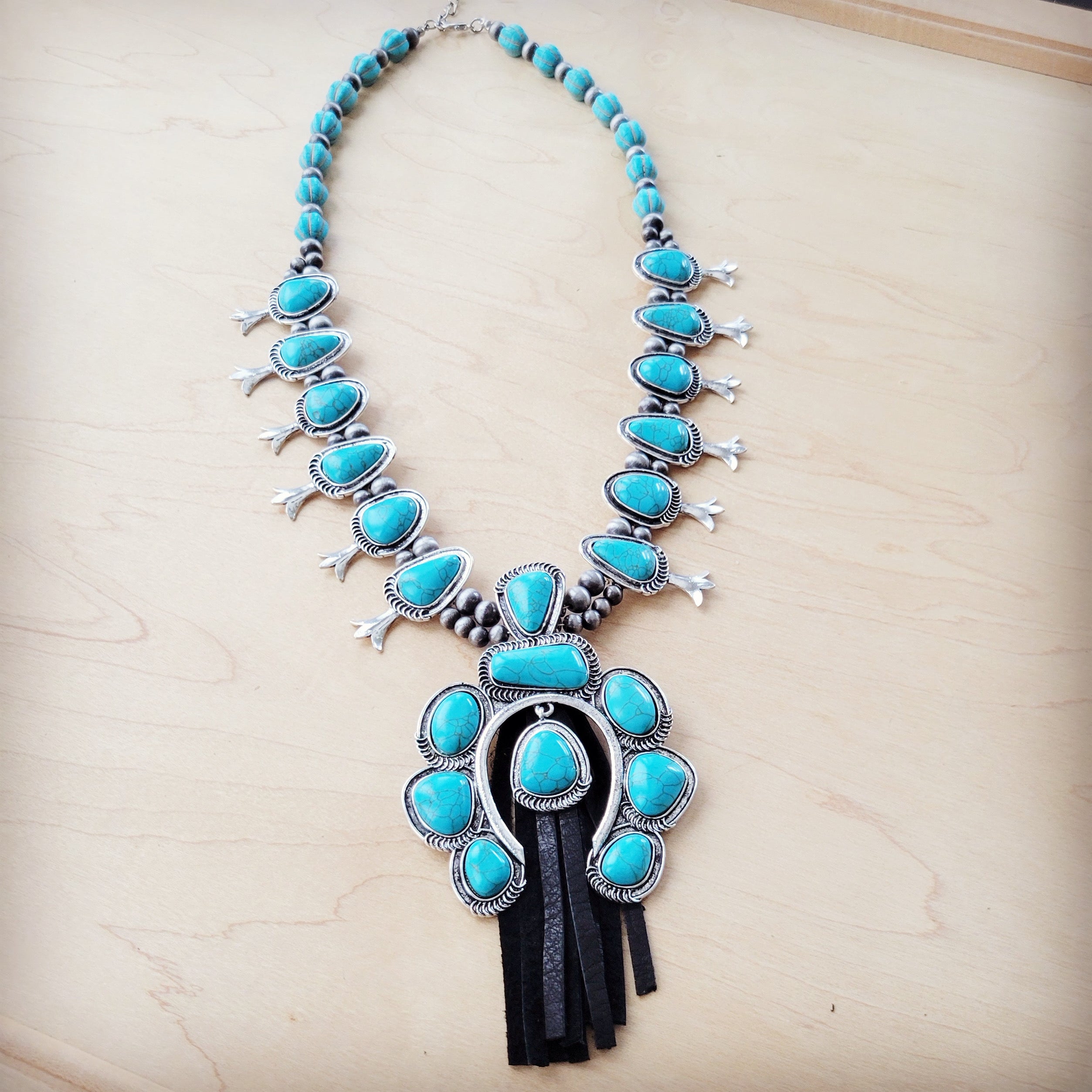 Turquoise Squash Blossom Necklace w/ Short Black Tassel
