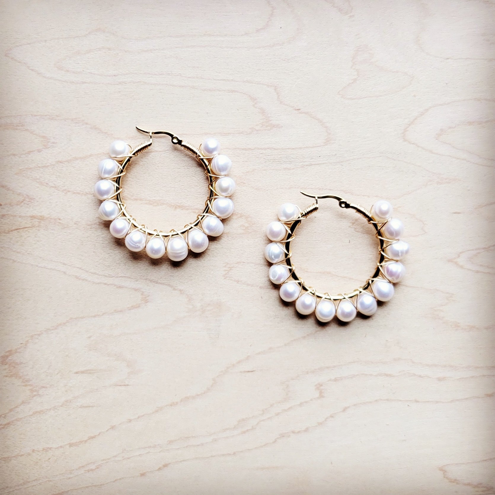Wire Wrapped Freshwater Pearl Beaded Hoop Earrings