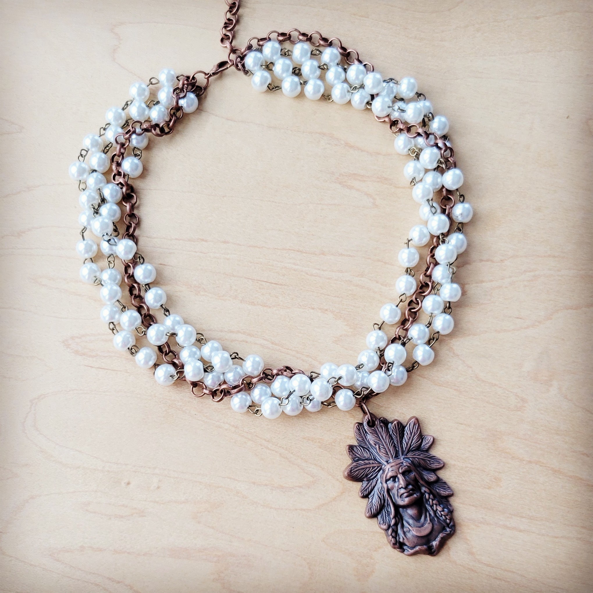 Pearl and Copper Beaded Collar Necklace w/ Indian Pendant