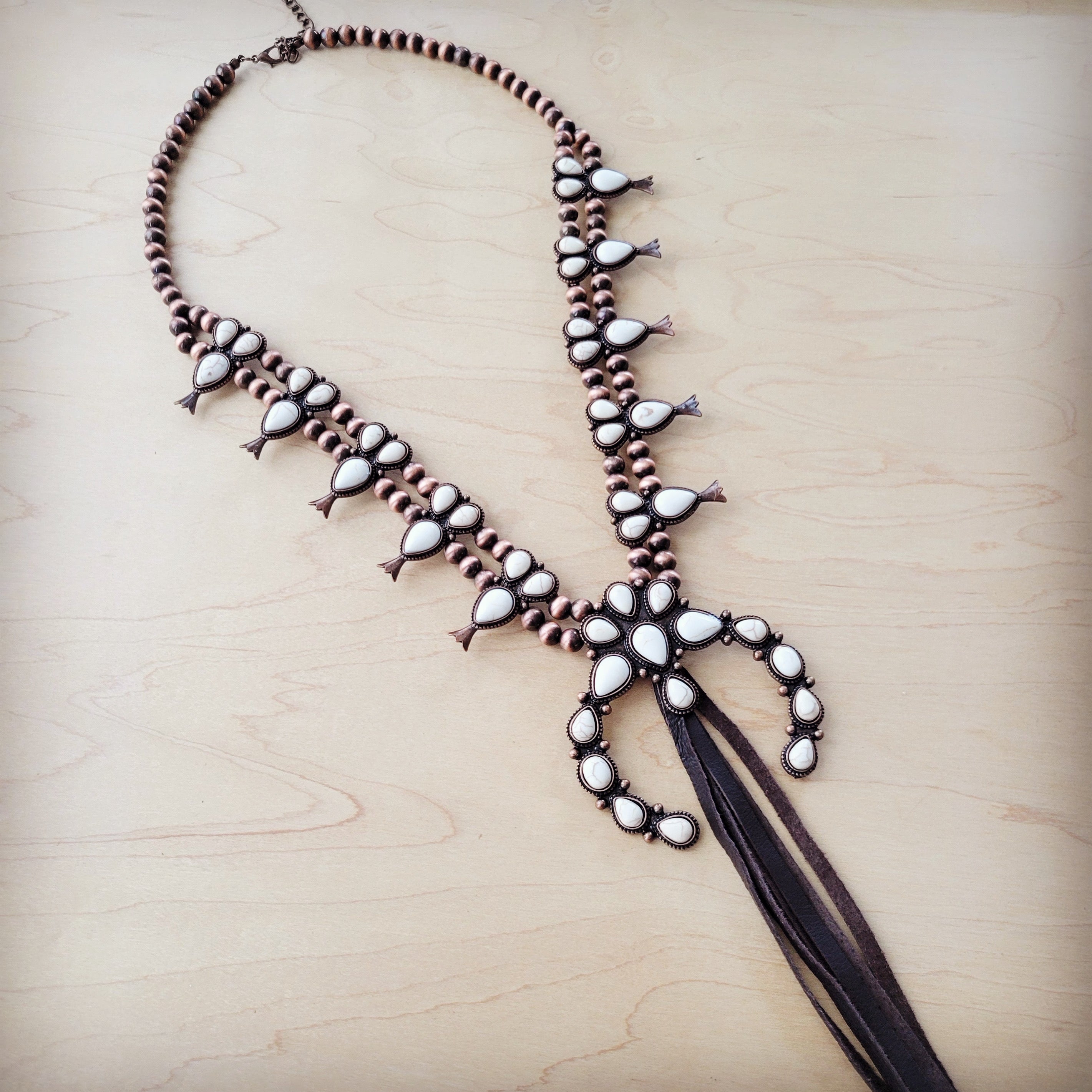 White Turquoise Squash Blossom Necklace w/ Dark Brown Tassel