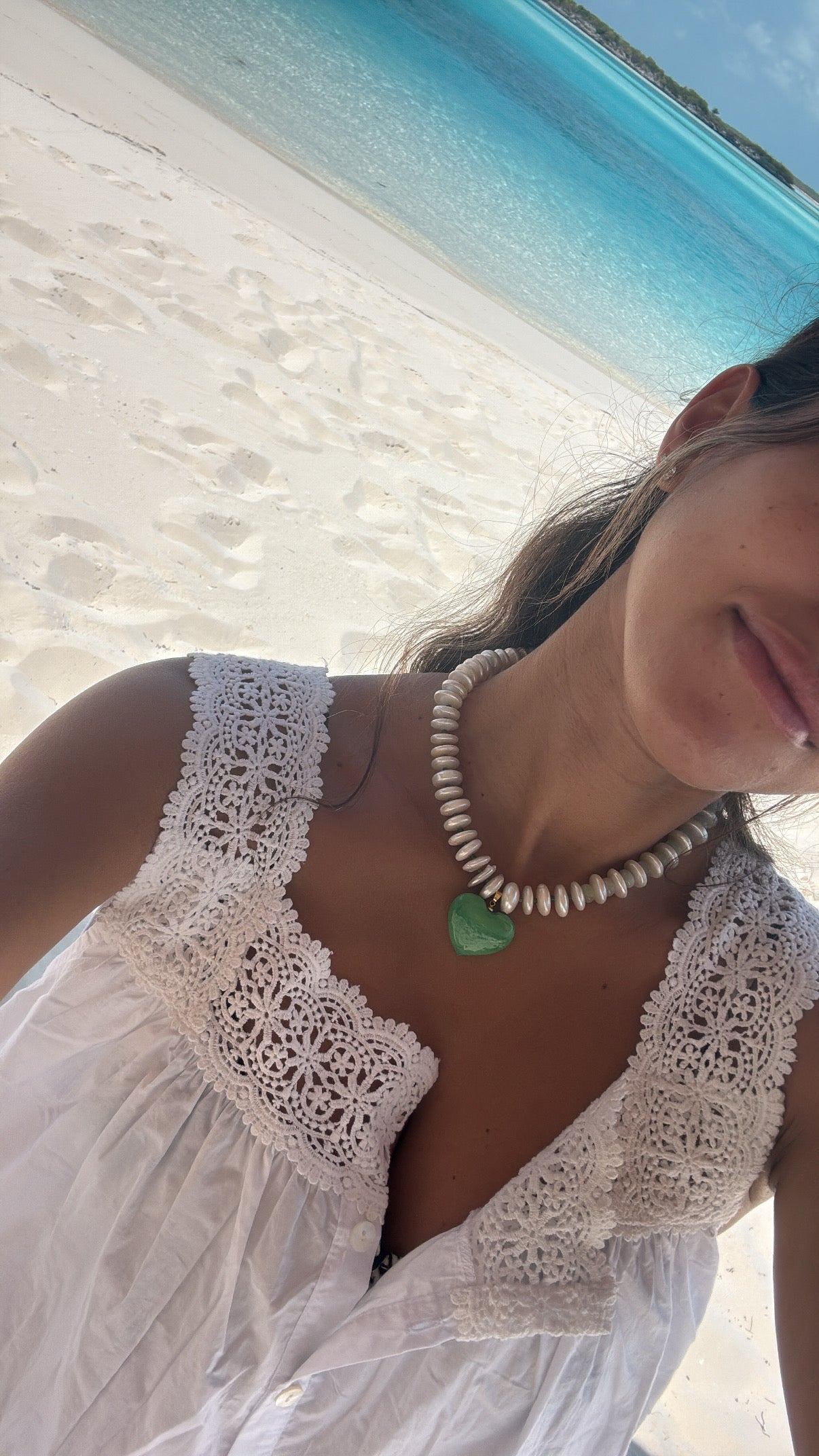 Green Heart Pendant Necklace - Fresh Water Pearl & Murano Glass