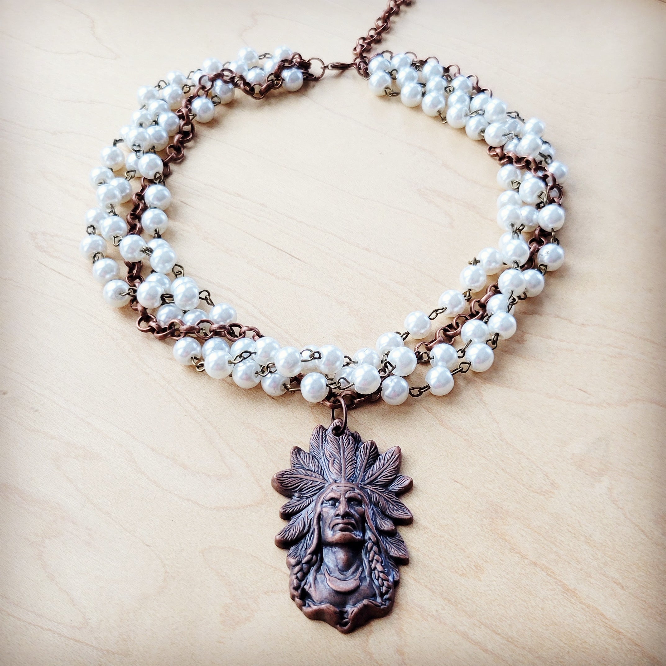 Pearl and Copper Beaded Collar Necklace w/ Indian Pendant