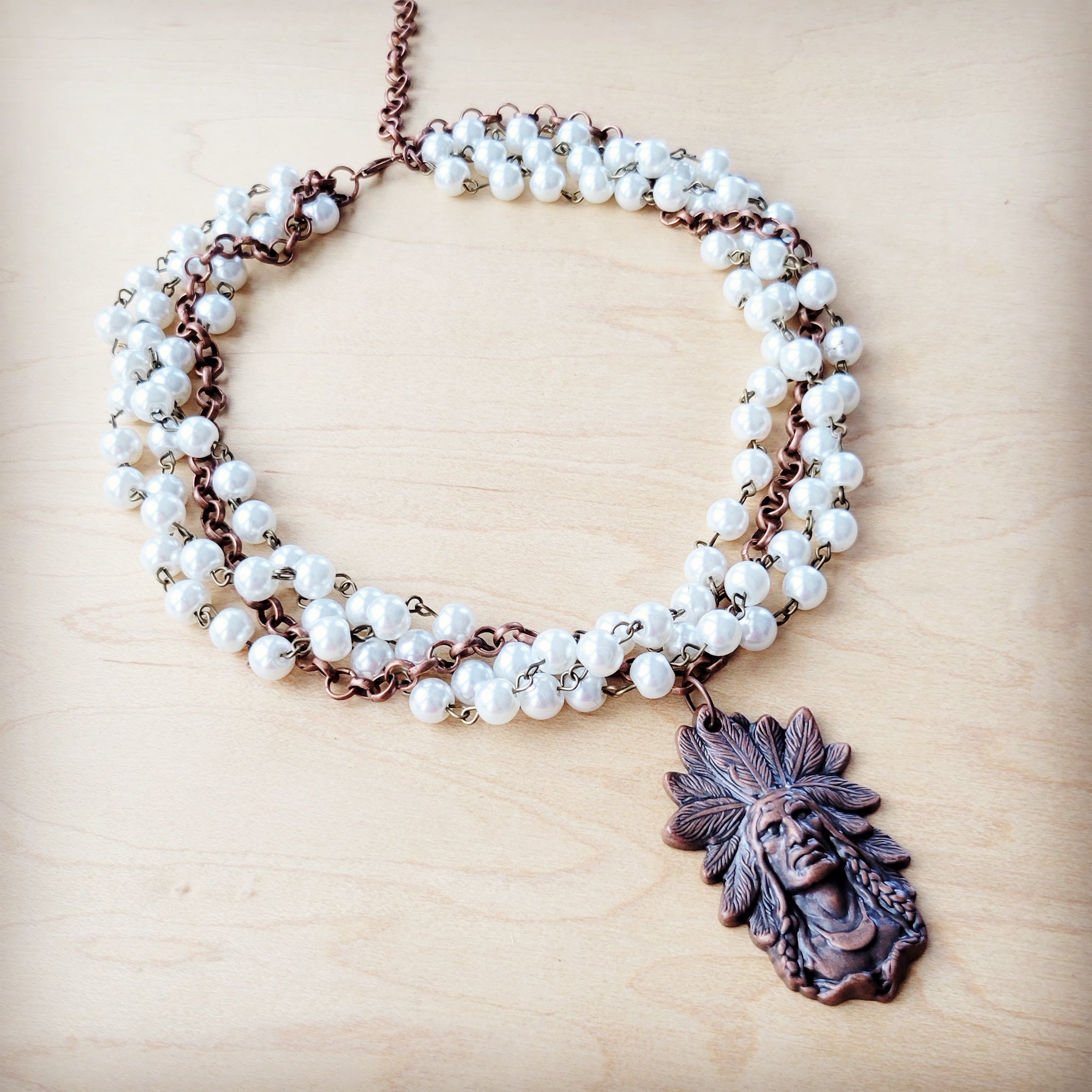 Pearl and Copper Beaded Collar Necklace w/ Indian Pendant