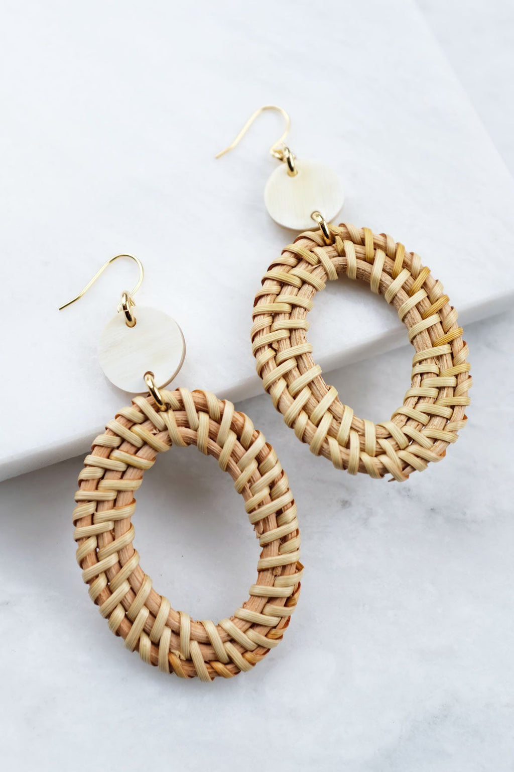 Brass Buffalo Horn & Rattan Oval Statement Earrings