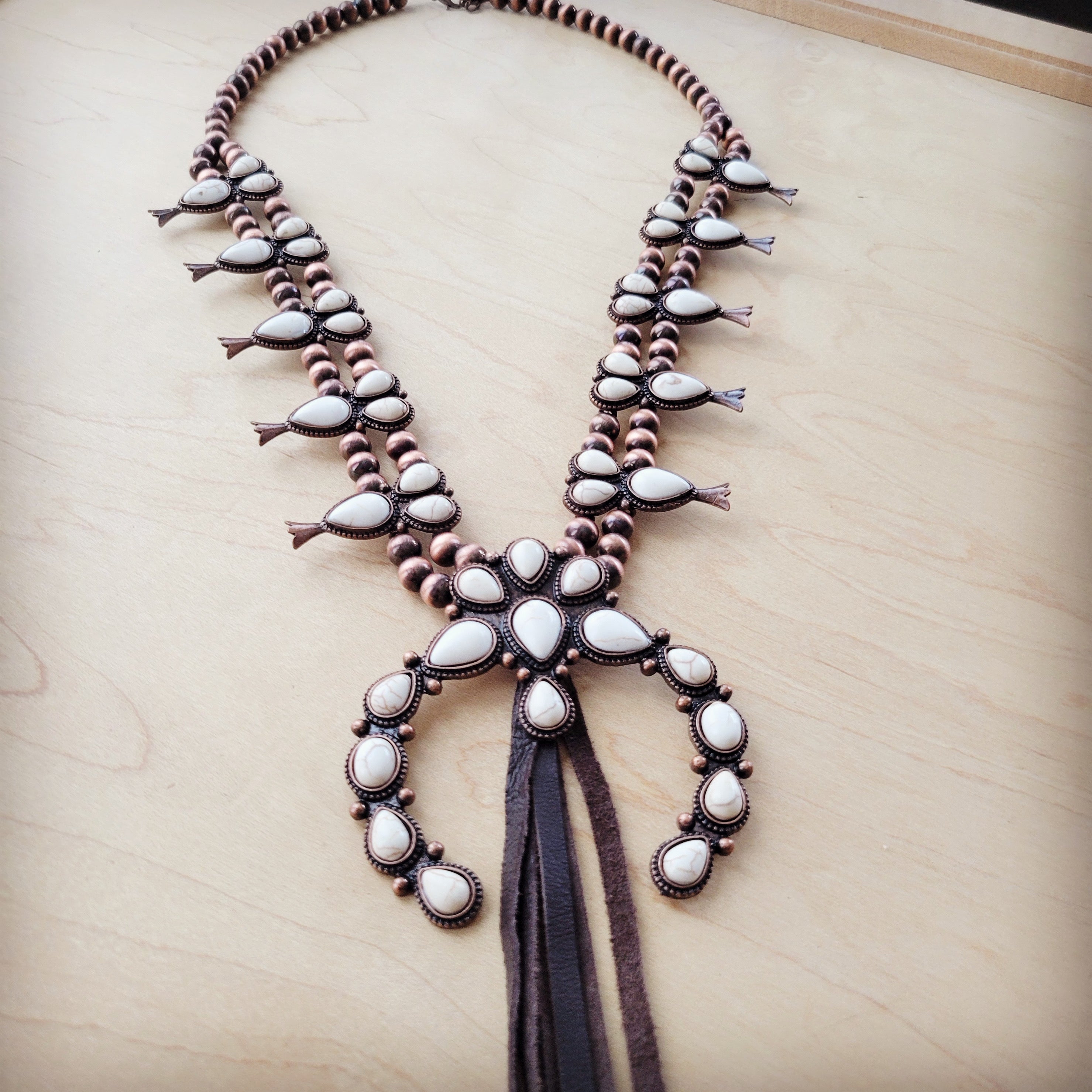 White Turquoise Squash Blossom Necklace w/ Dark Brown Tassel
