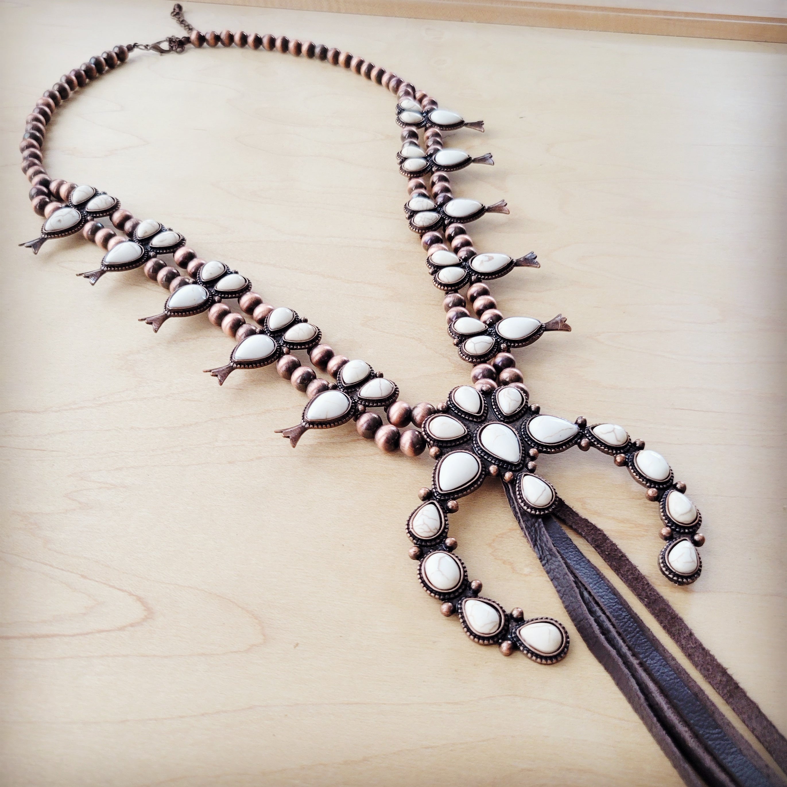 White Turquoise Squash Blossom Necklace w/ Dark Brown Tassel