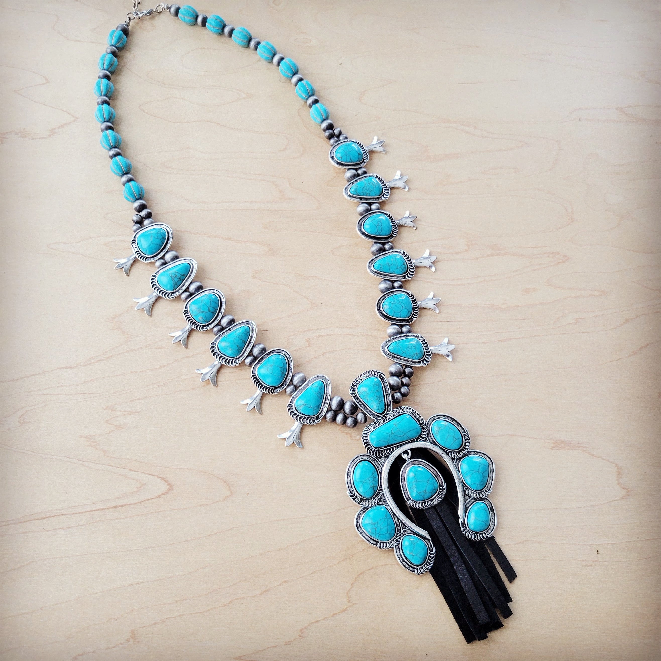 Turquoise Squash Blossom Necklace w/ Short Black Tassel