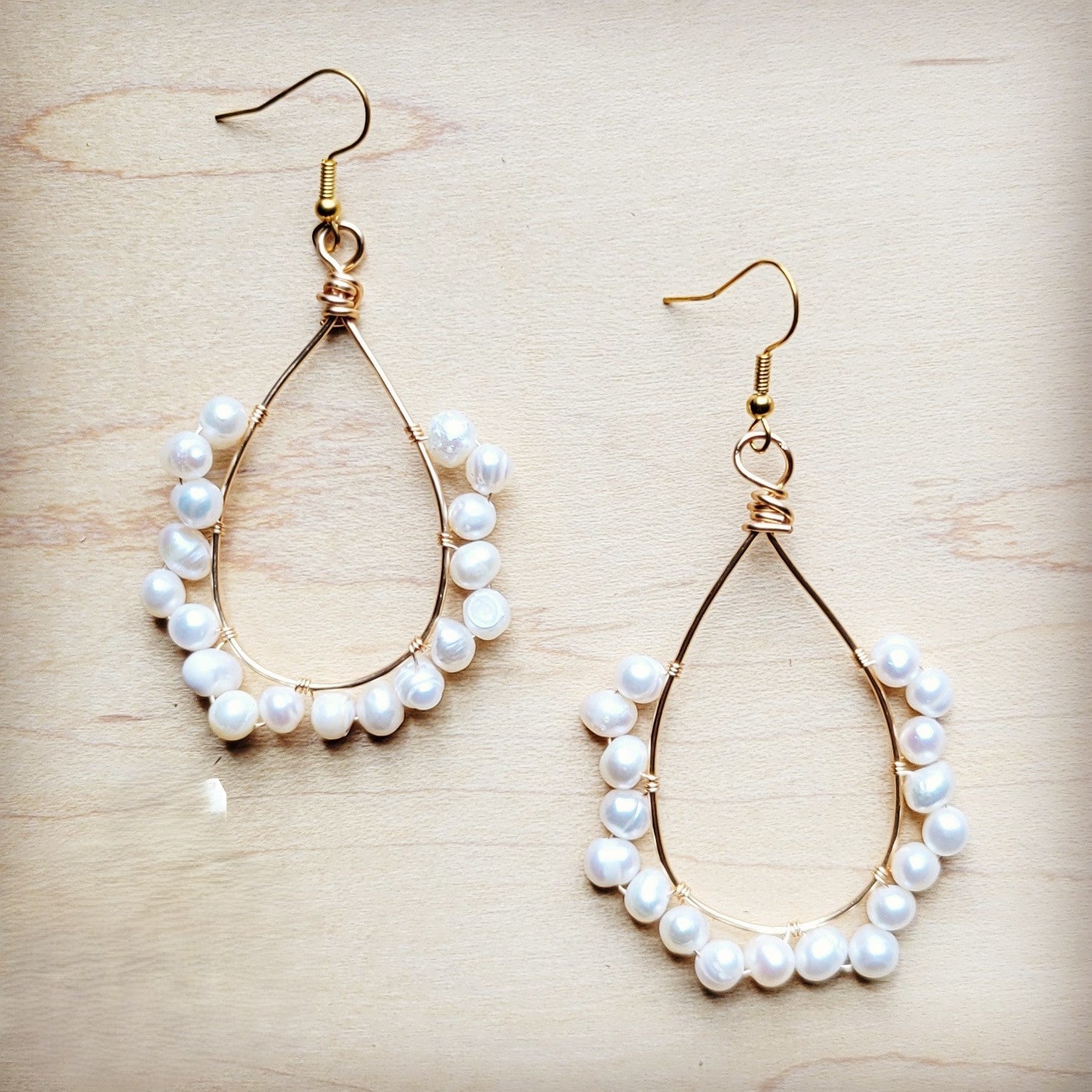 Wire Wrapped Freshwater Pearl Beaded Hoop Earrings