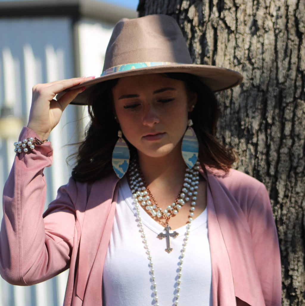 Leather Oval Earrings in Pastel Navajo with Turquoise Accent