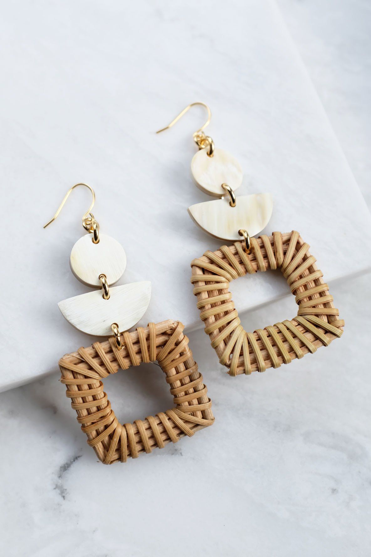 Rattan/Wicker Square Geo Statement Earrings