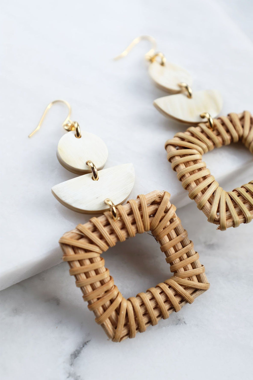 Rattan/Wicker Square Geo Statement Earrings