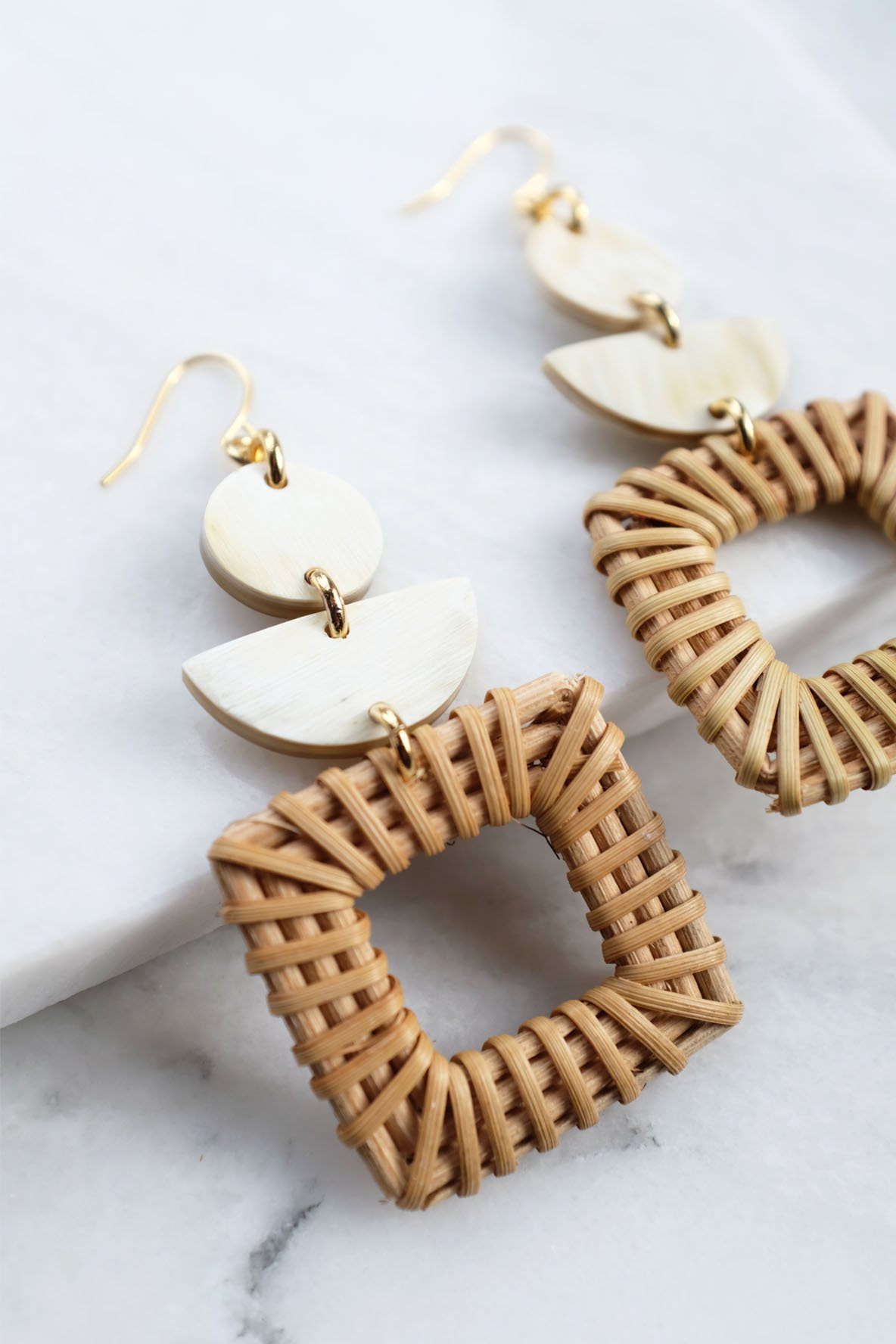 Rattan/Wicker Square Geo Statement Earrings