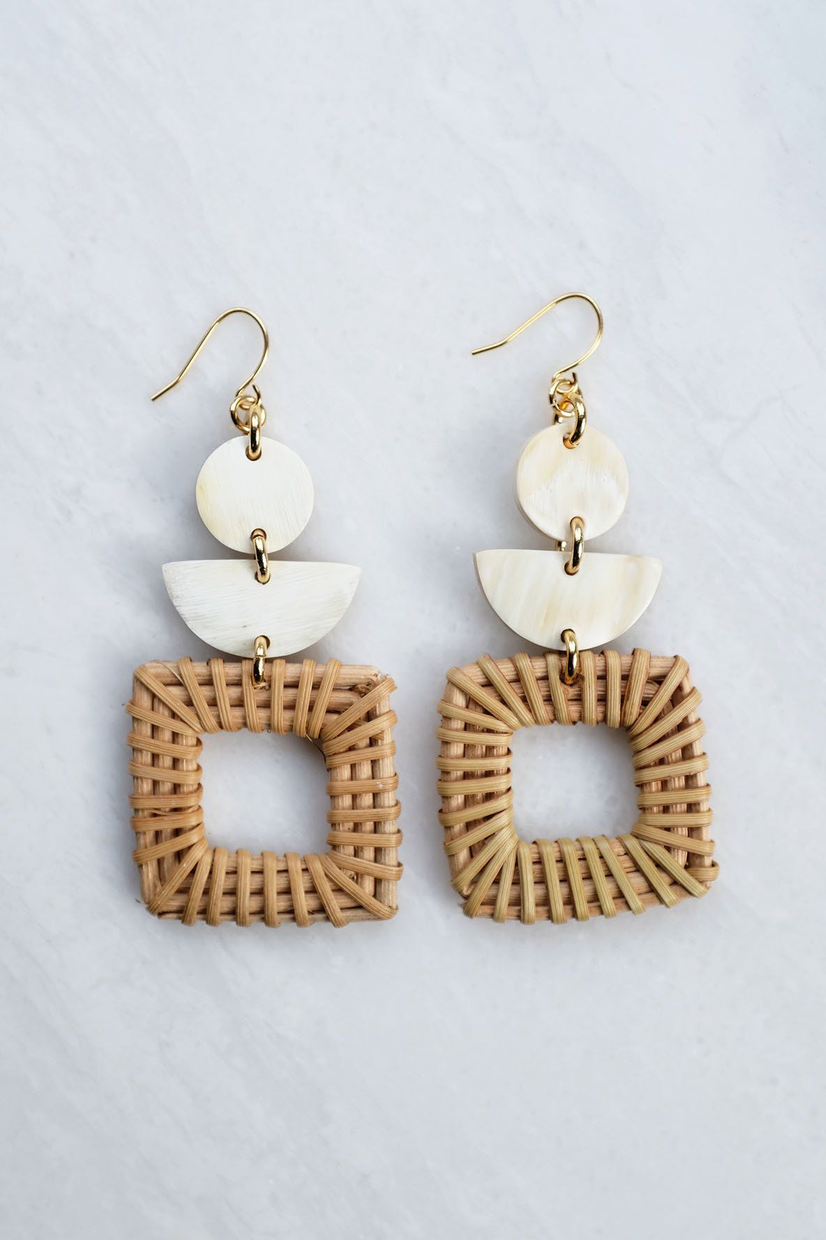 Rattan/Wicker Square Geo Statement Earrings