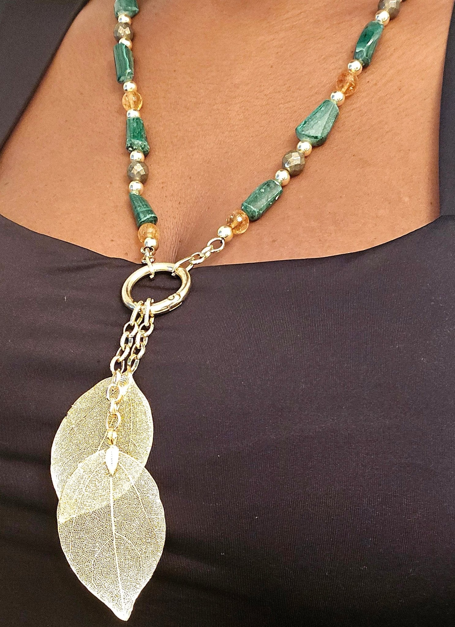 "Abundance Of Wealth" Necklace | Malachite , Citrine, and Pyrite