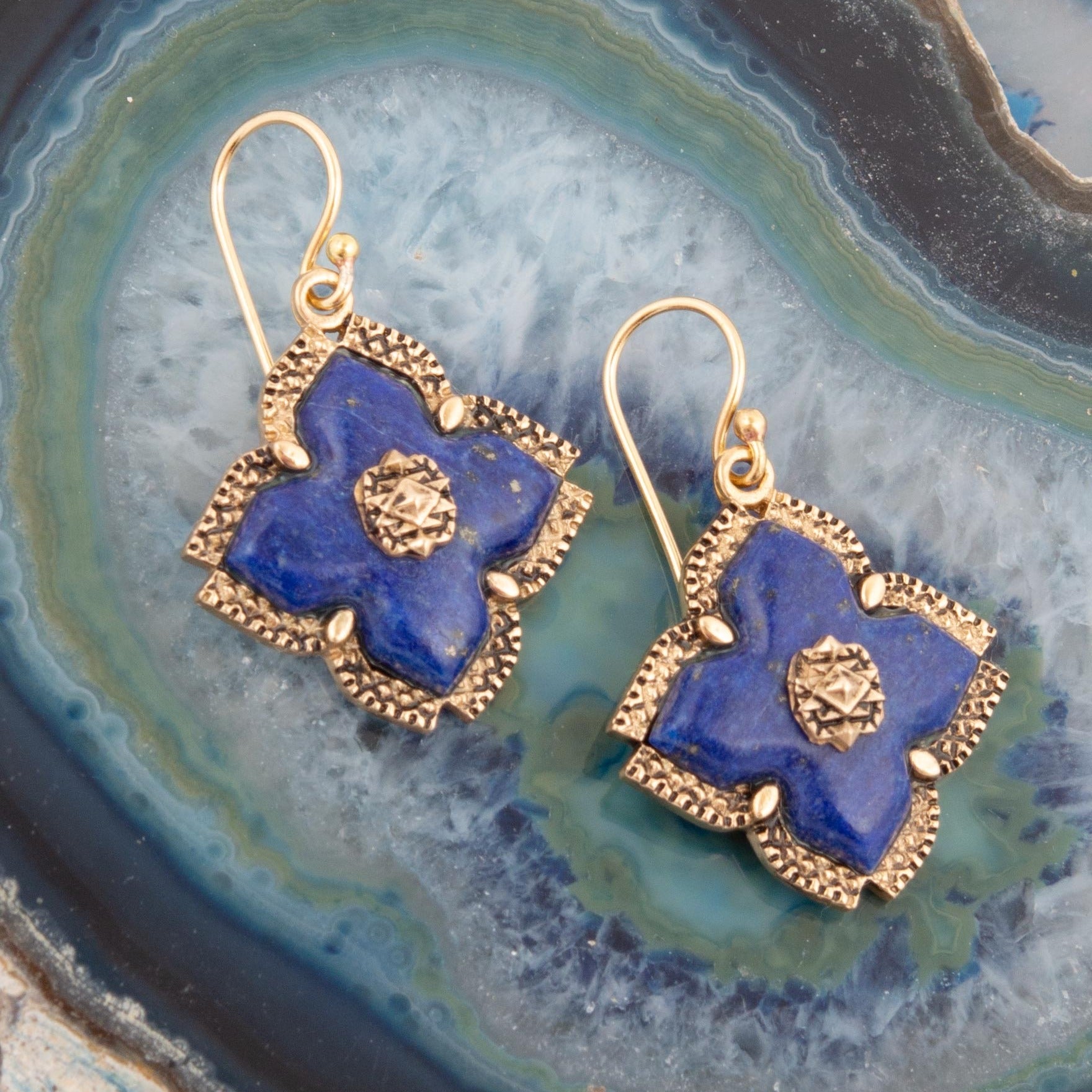 Blue Lapis Maltese Golden Cross Drop Earrings