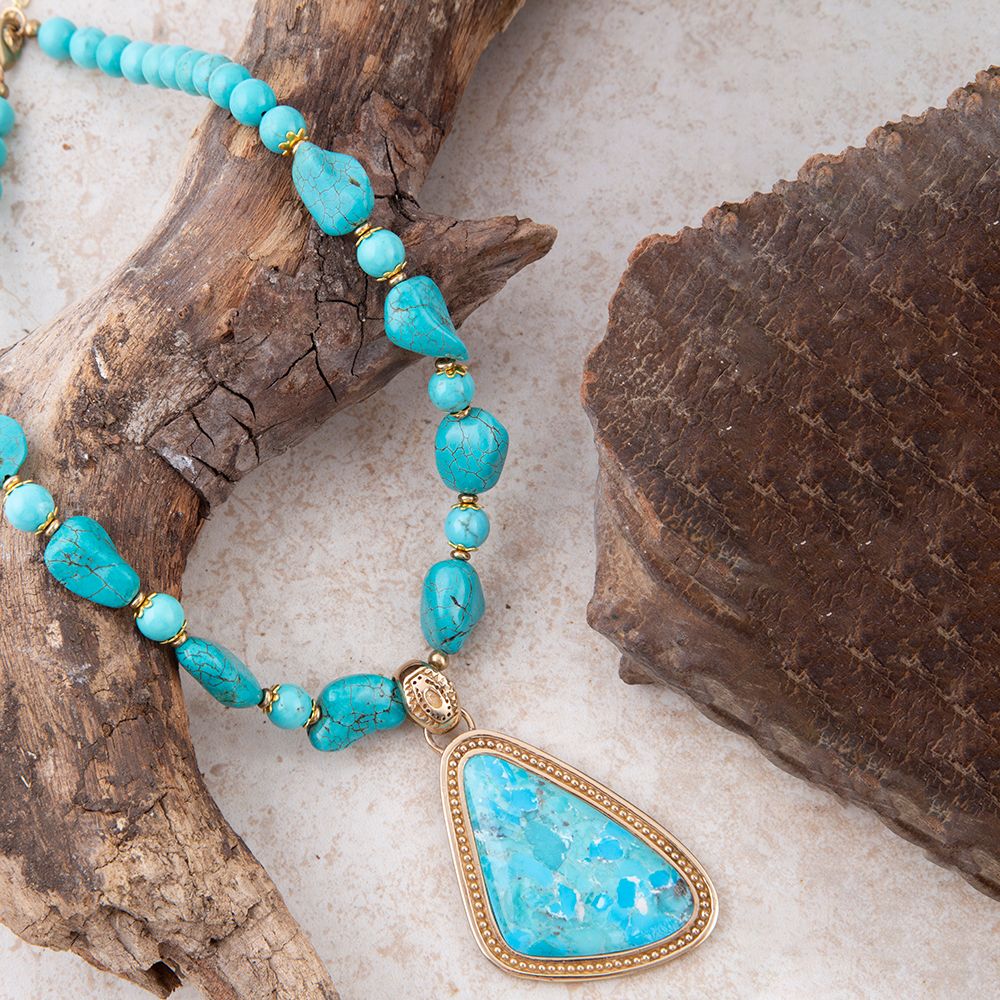 Blue Turquoise Triangle Golden Pendant Necklace