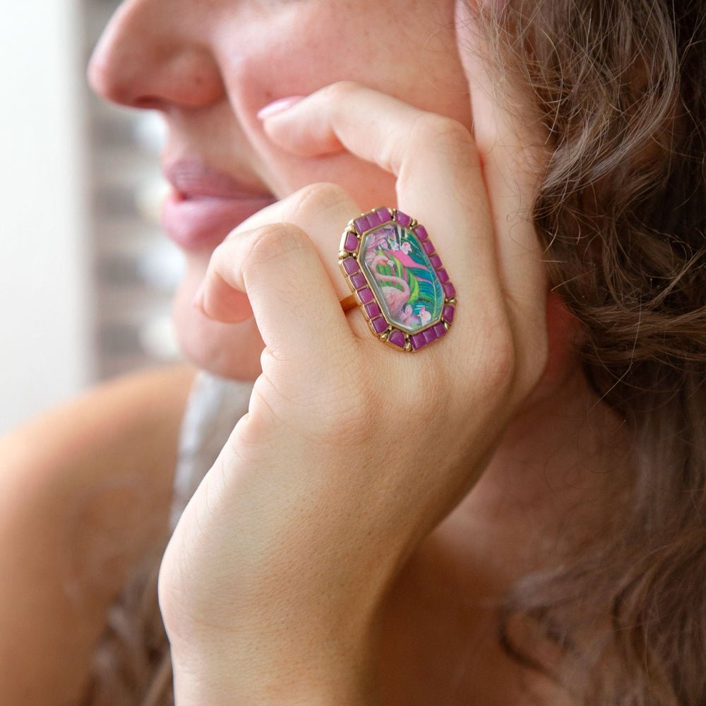 Flamingo Pink Agate Golden Statement Ring