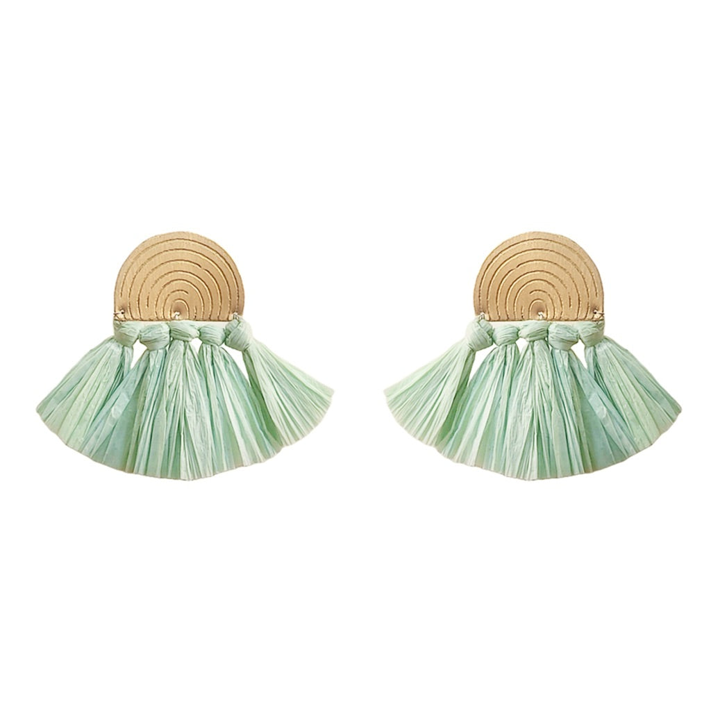 Boho Raffia Fan Earrings - Sea Green