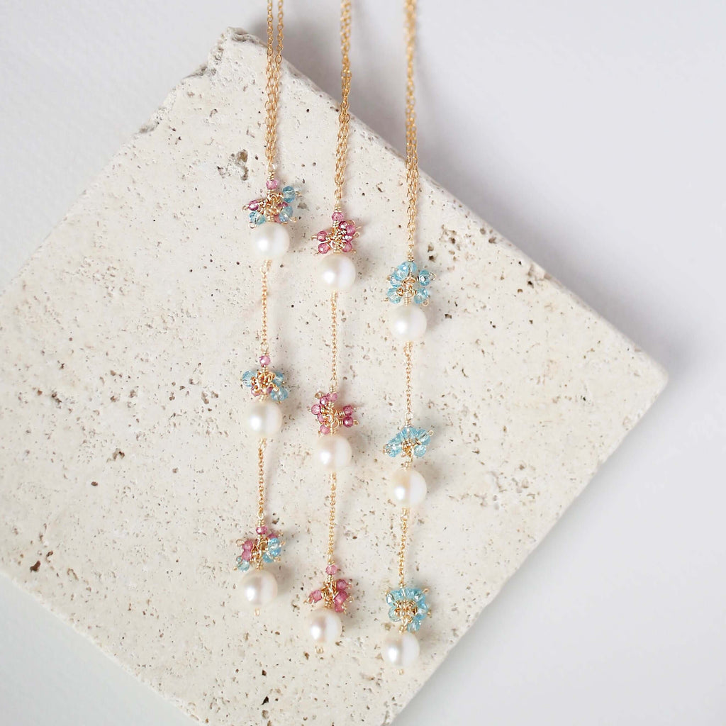 Drop Y-Necklace  - Pearl and Pink Tourmaline