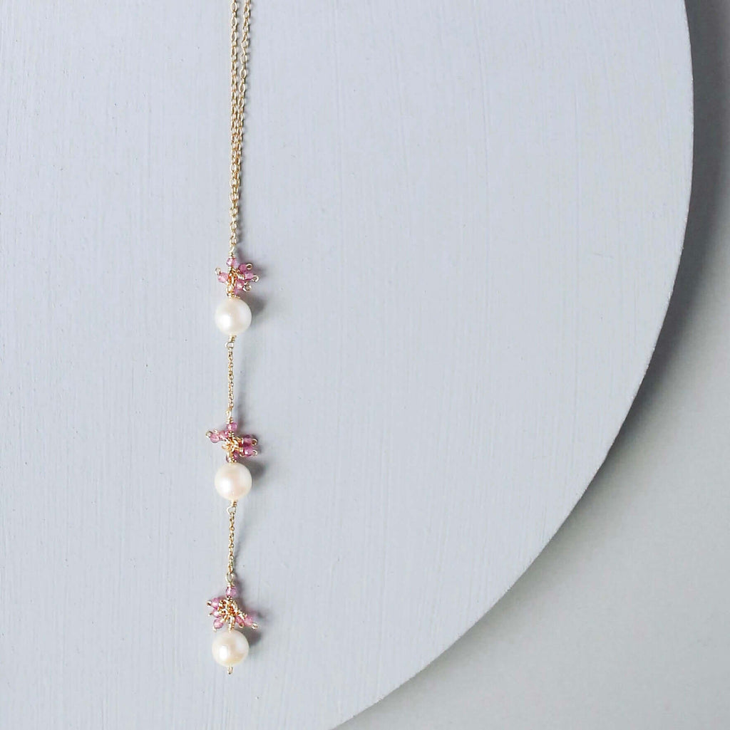 Drop Y-Necklace  - Pearl and Pink Tourmaline