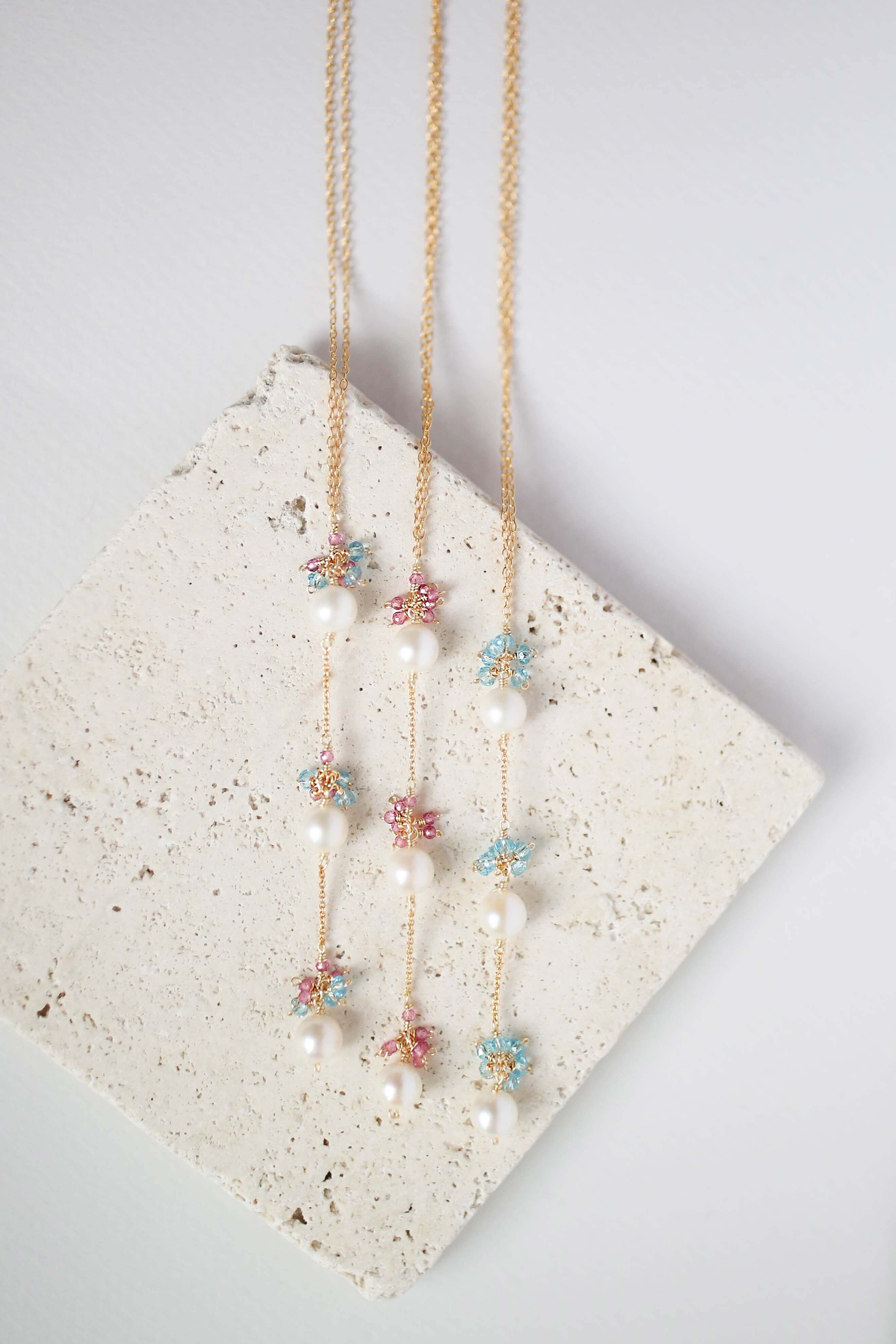 Drop Y-Necklace  - Pearl and Pink Tourmaline