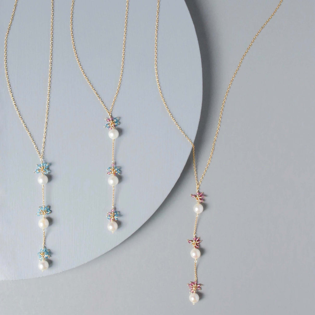 Drop Y-Necklace  - Pearl and Pink Tourmaline
