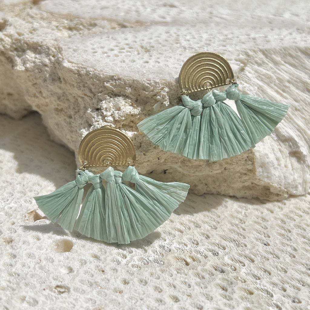 Boho Raffia Fan Earrings - Sea Green