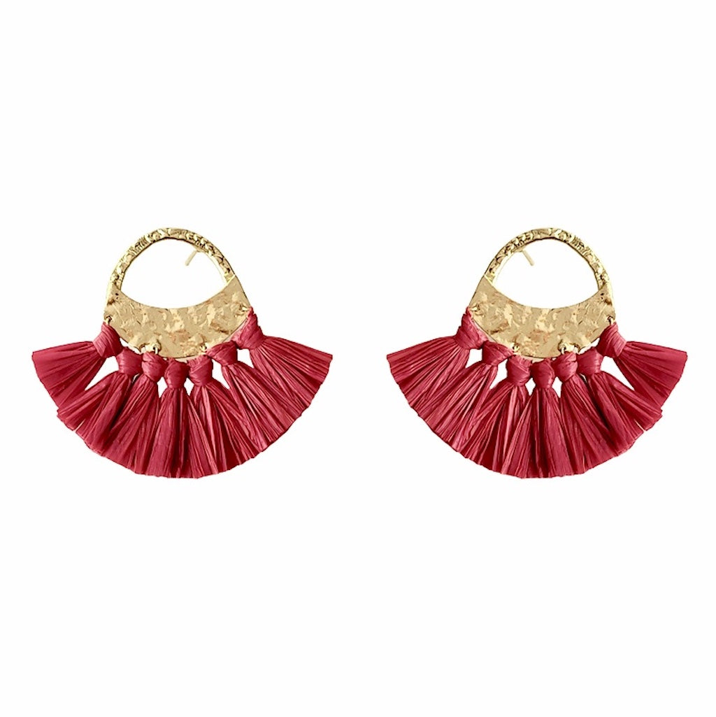 Boho Fringe Fan Earrings - Red