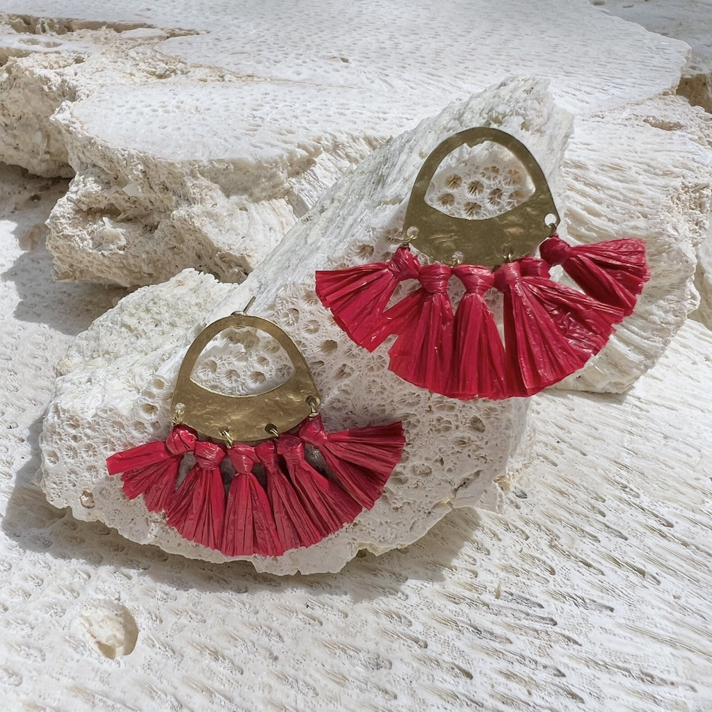 Boho Fringe Fan Earrings - Red