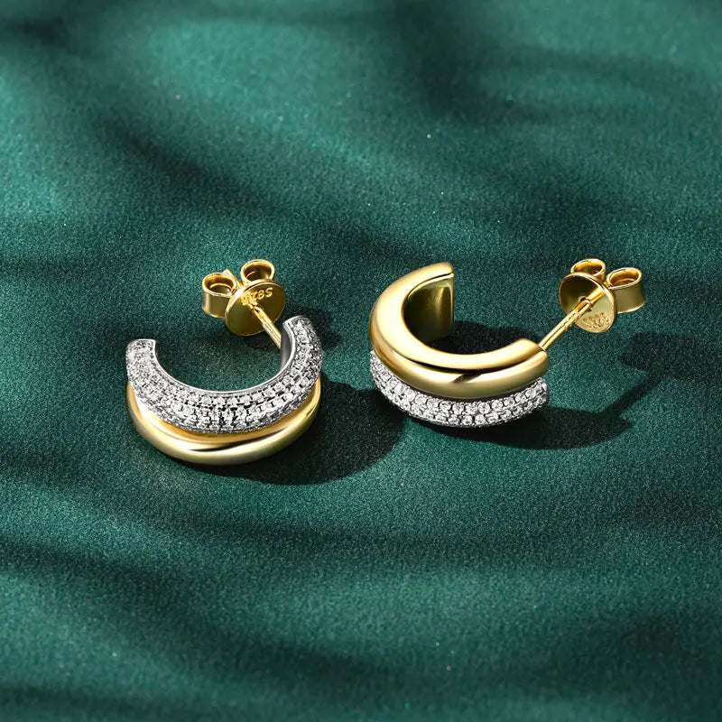 Round Cut Moissanite C-Shaped Stud Earrings - Sterling Silver