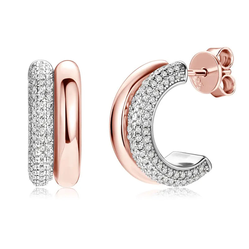 Round Cut Moissanite C-Shaped Stud Earrings - Sterling Silver