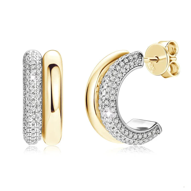 Round Cut Moissanite C-Shaped Stud Earrings - Sterling Silver