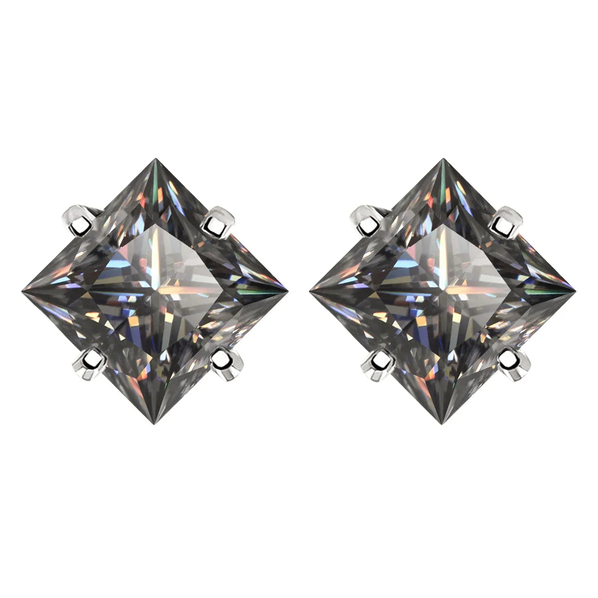 Sterling Silver Gray Princess Cut Moissanite Stud Earrings