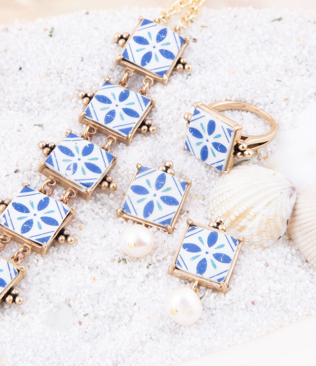 Santorini Blue and White Tile Golden Statement Ring