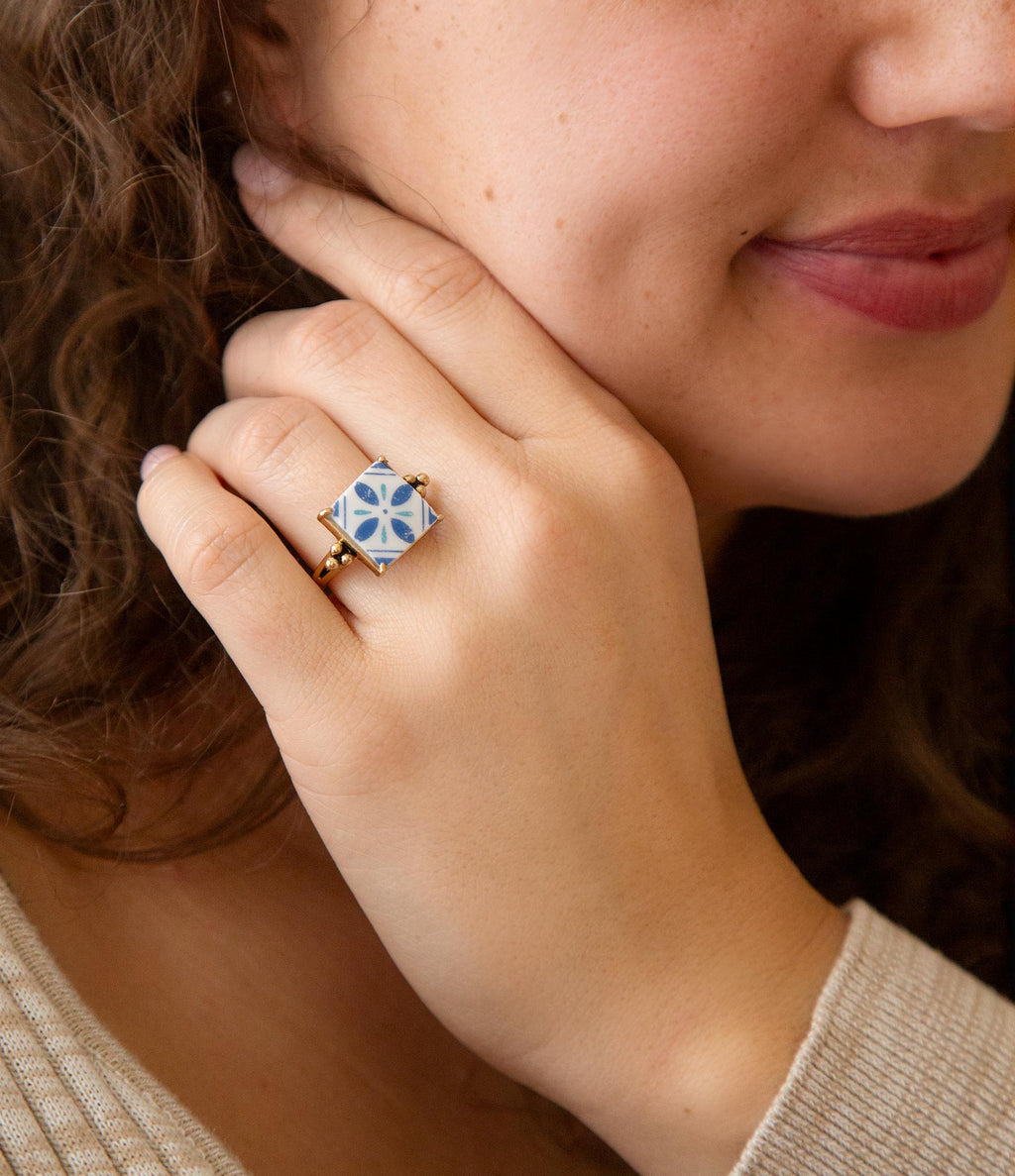 Santorini Blue and White Tile Golden Statement Ring