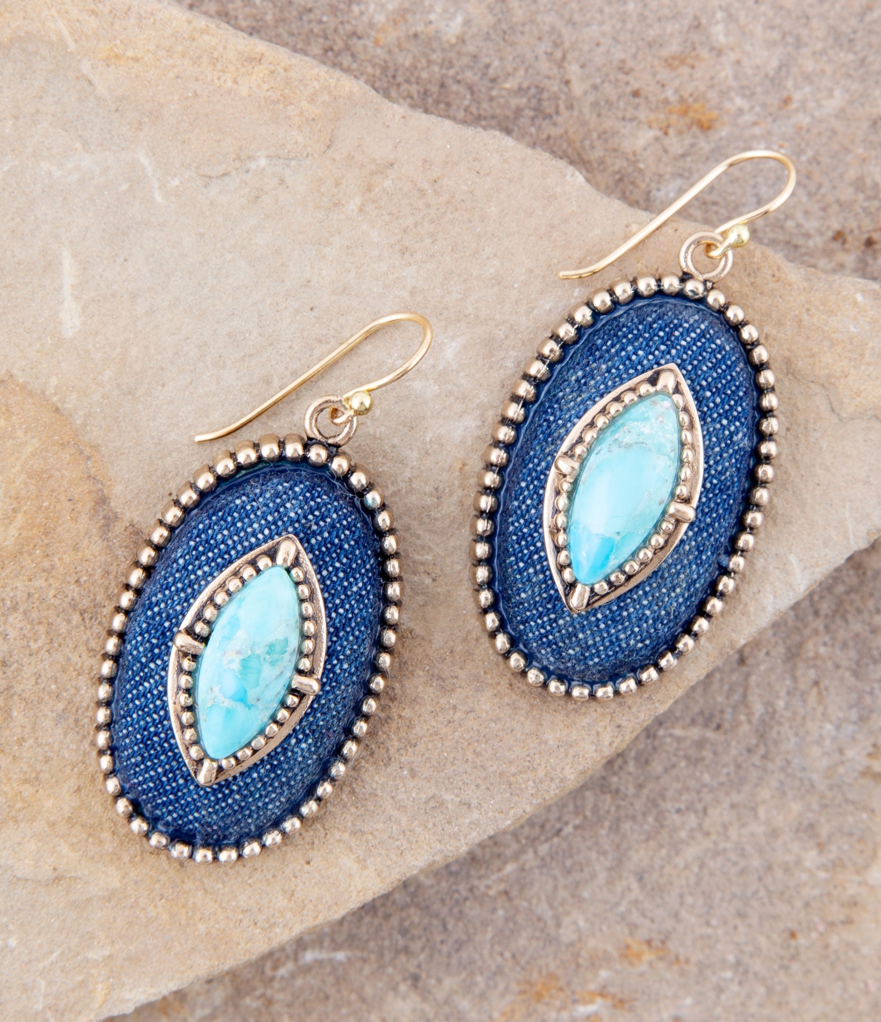 Turquoise and Denim Golden Drop Earrings