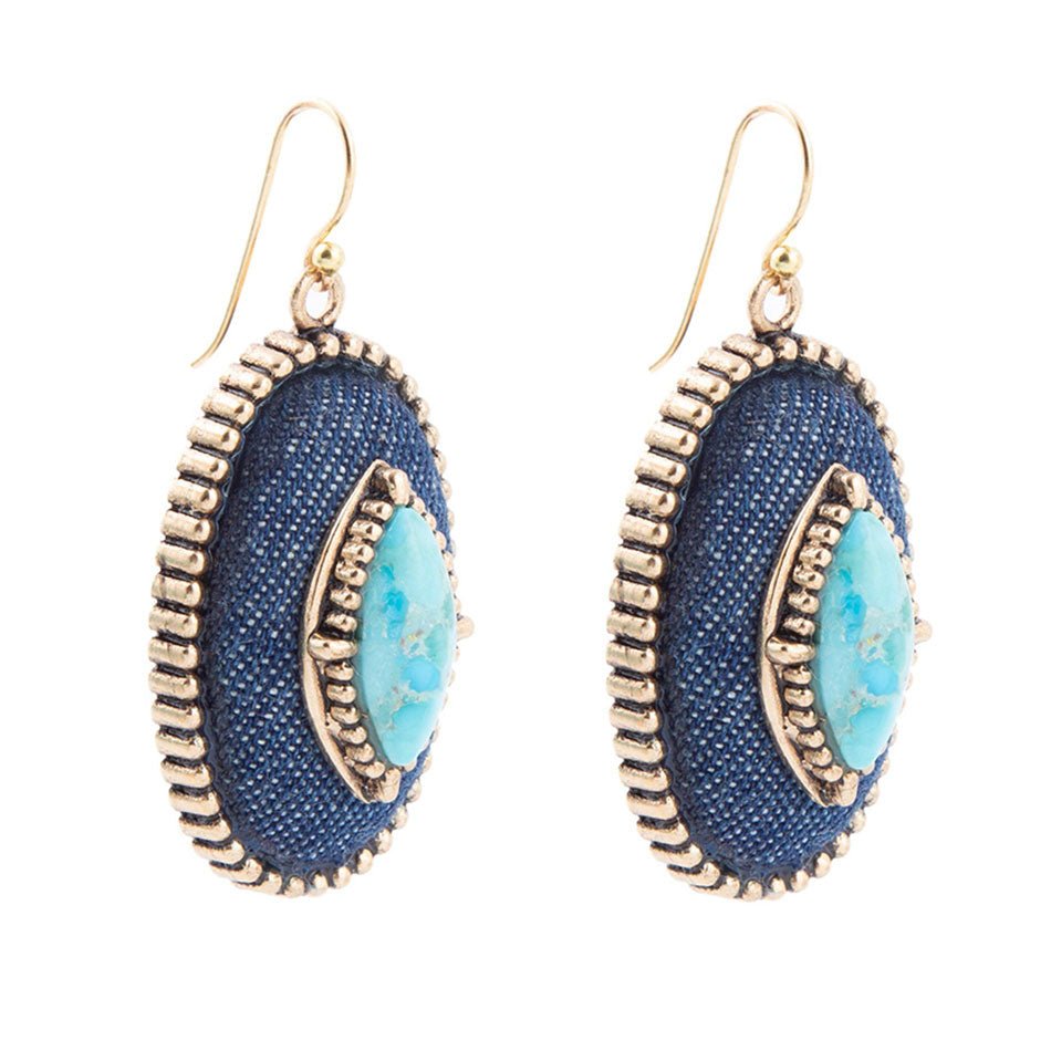 Turquoise and Denim Golden Drop Earrings