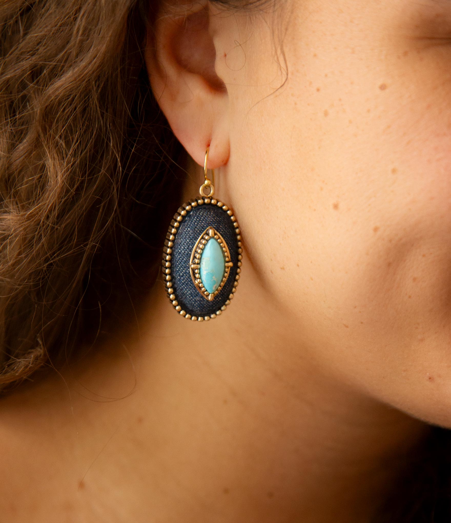 Turquoise and Denim Golden Drop Earrings